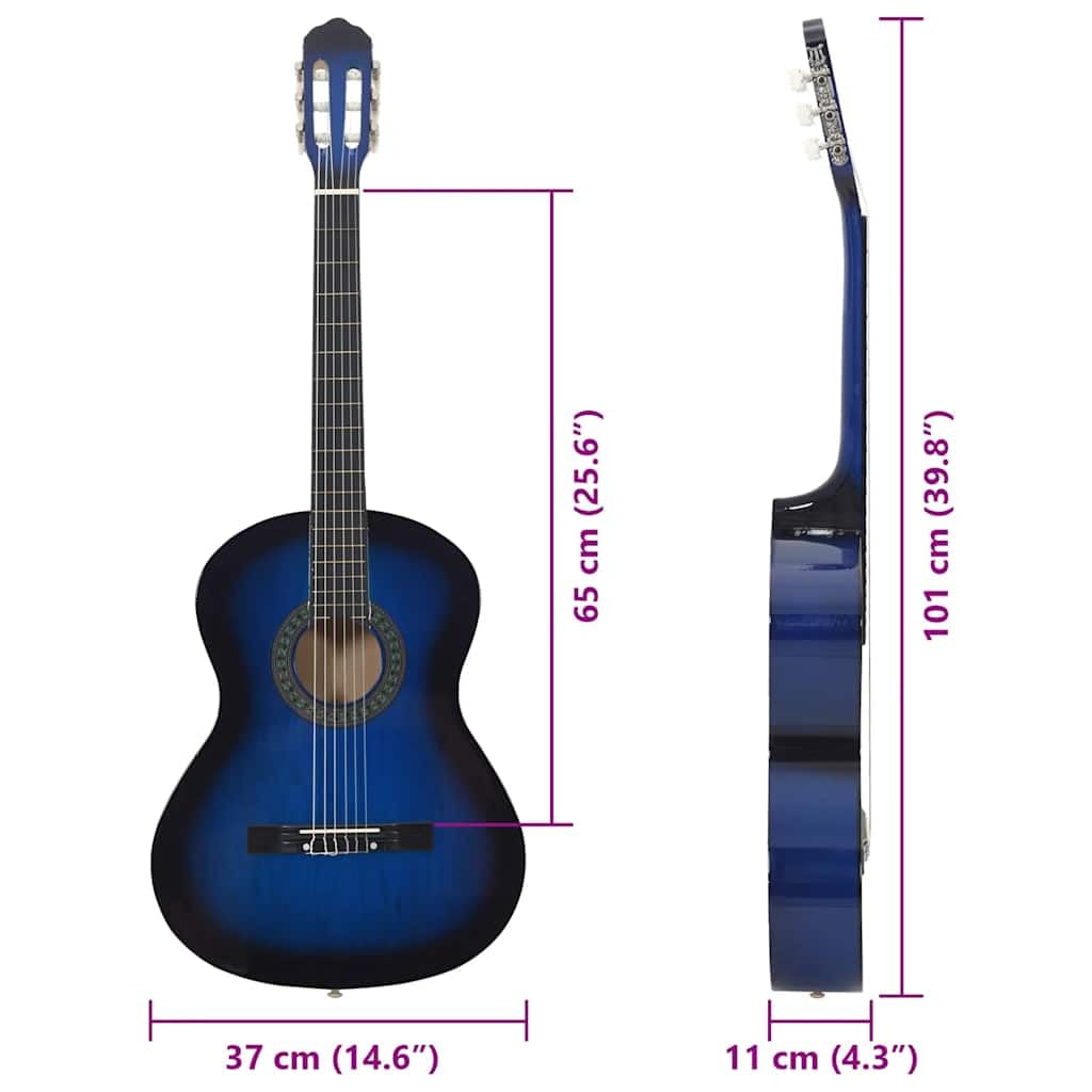 vidaXL Legno Massello di Tiglio Set Chitarra Classica per Principianti 12 pz 4/4 Plettri Corde Accordatore Adulti Bambini Strumento Musicale Blu 39"