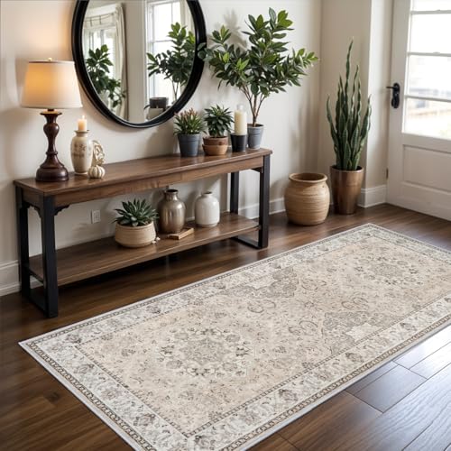 Hallway Washable Runner Rug - 3x6 Kitchen Rugs Entryway Rug Runner Vintage Soft Floor Mat Non Slip Indoor Farmhouse Carpet for Bathroom Living Room Bedroom (3 X 6, Beige)