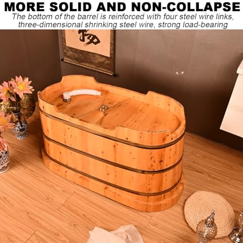 TT-YEC Tiefe Badewanne Für Erwachsene Mit Handläufen, Kompakte Badewanne Aus Holz Mit Kopfstütze, Hocker Und Wasserventil, Orientalische Klassische Badewanne, Tragbare Badewanne,L160cm – Bild 5