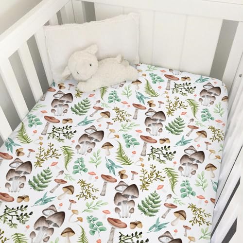 Image of Vintage Mushroom Baby Crib Sheets 52''x28'' Watercolor Mushroom Green Leaves Snug Fitted Crib Mattress Cover for Boy Girl Wild Plant Soft Baby Bed Sheets for Standard Crib & Toddler Mattress