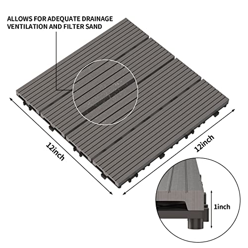 Tonahutu 22Pcs Interbuild Hardwood Interlocking Patio Deck Tiles, 12"X12" Wood Plastic Composite Tiles Outdoor Flooring For Patio Garden Deck Poolside Click Floor Decking Tile - Grey #TOP2