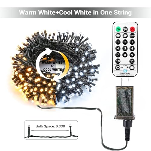 Image of Brizled Color Changing Christmas Lights, 65.67ft 200 LED 11-Function Warm White & Cool White LED Lights String, Dimmable 29V Safe Adapter Christmas Tree Lights with Remote for Xmas Tree Party Decor