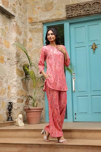Image of GRECIILOOKS Co-ord Set for Women Stylish | Kurtis | Anarkali Viscose Printed Kurta & Straight Pant Sets | Festive Ethnic Indian Traditional Outfit for Functions & Puja | 3 /4 Half Sleeve