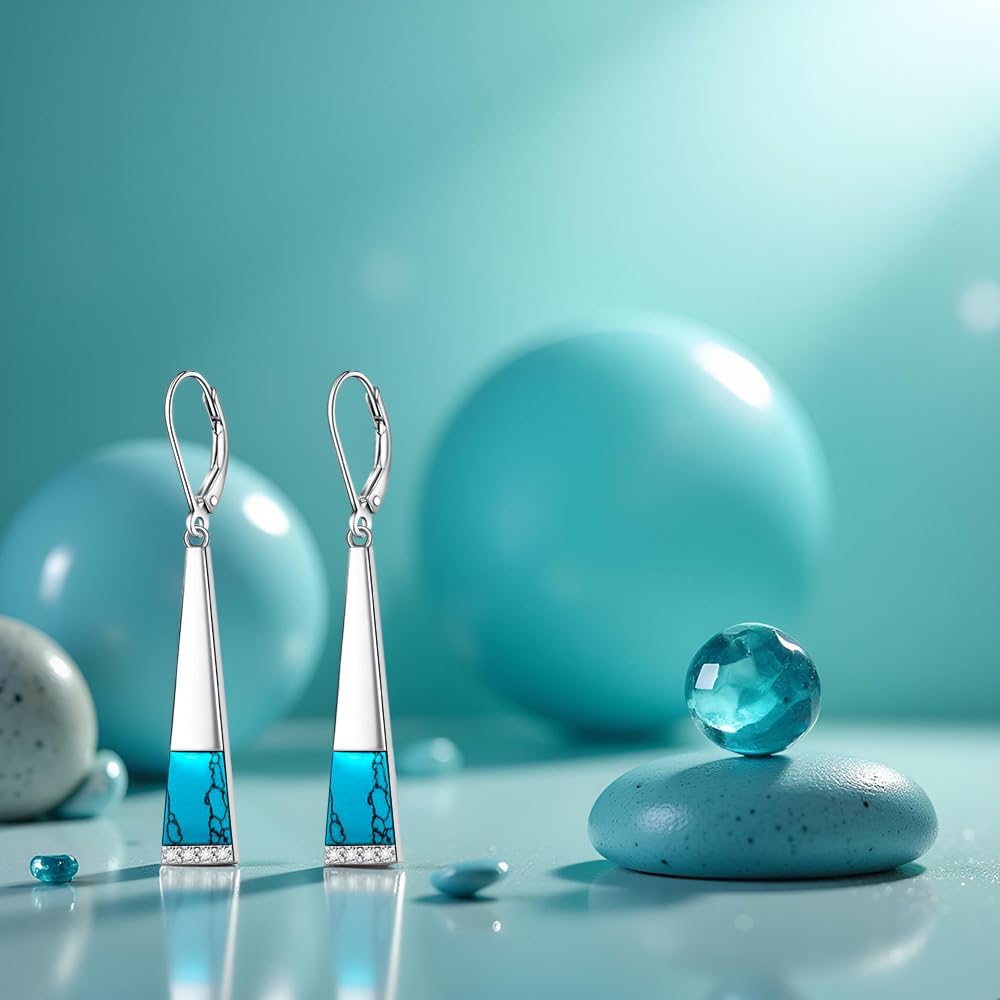 Turquoise Earrings for Women S925 Sterling Silver Leverback Dangle Earrings Trapezoid Jewelry Valentine's day Gift for Thanksgiving Christmas - Image 6