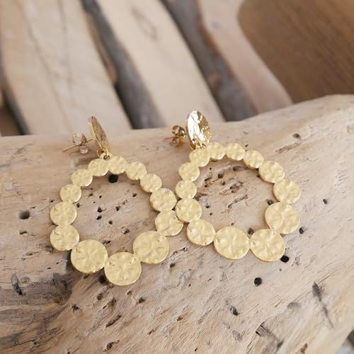 Boucles d'oreilles pendantes gouttes acier doré martelé anti-terne - 3