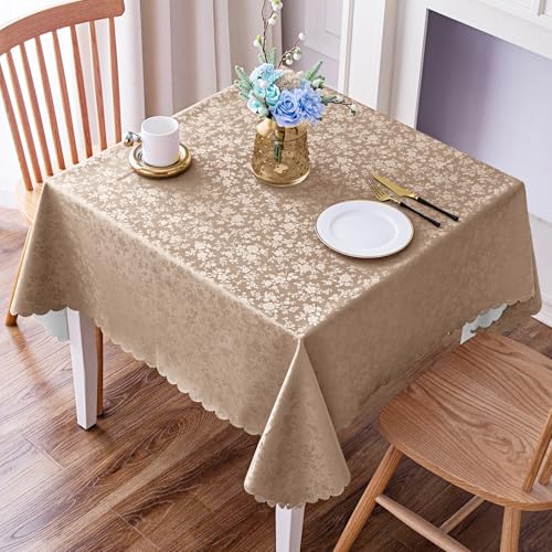 Image of Smiry Square Table Cloth, Waterproof Heavy Duty Vinyl Tablecloths, Wipeable Washable Table Cover for Kitchen and Dining Room (Khaki, 54 inch X 54 inch)