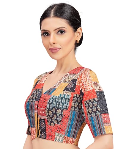 Image of Studio Shringaar Women's Cotton Patchwork Printed Readymade Saree Half Sleeve Blouse