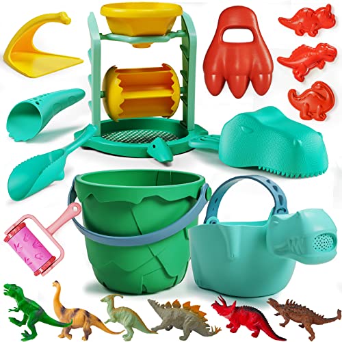 burgkidz Dinosaur Sand Toys Beach Toys Kit: Include Bucket and Shovel, Beach Mesh Bag, Sand Water Tunnel, Dinosaur Beach Molds and 6 Dinosaur Figures, Sand Toys for Kids 3-10