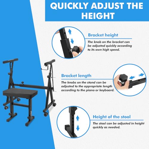 UPELLA Keyboard Piano Stand, Heavy Duty with Wheels and Pads, Z Style Adjustable Portable Keyboard Stand, Fits 54, 61, 88 Key Electric Keyboards Digital Pianos (Piano Stand + Bench)