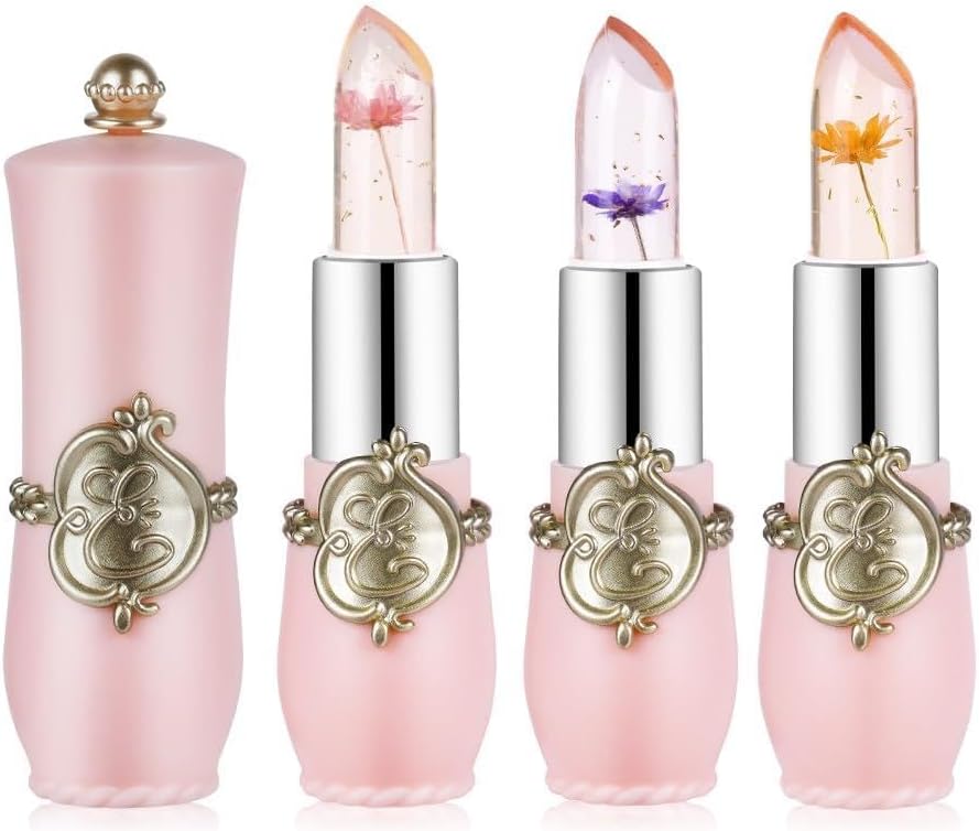 Flower Jelly Lipstick Set, 3-Piece Magic Temperature Colour Changing Lip Balm Lip Gloss, Long-Lasting Moisturising Cream Crystal Flower Jelly Lipstick Makeup Set (3 Pieces)
