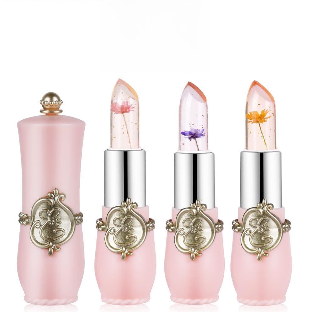 LOPHE Flower Jelly Lipstick Set, 3-Piece Magic Temperature Colour Changing Lip Balm Lip Gloss, Long-Lasting Moisturising Cream Crystal Flower Jelly Lipstick Makeup Set (3 Pieces)
