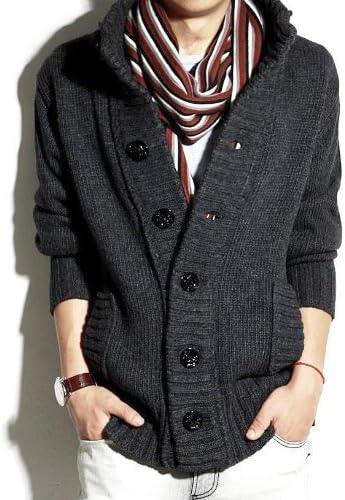 Amazon ノーブランド品 厚手 リブニット カジュアル カーディガン お兄系 アウター メンズ 4色選択 ブラック グレー ベージュ ブルー L グレー カーディガン 通販