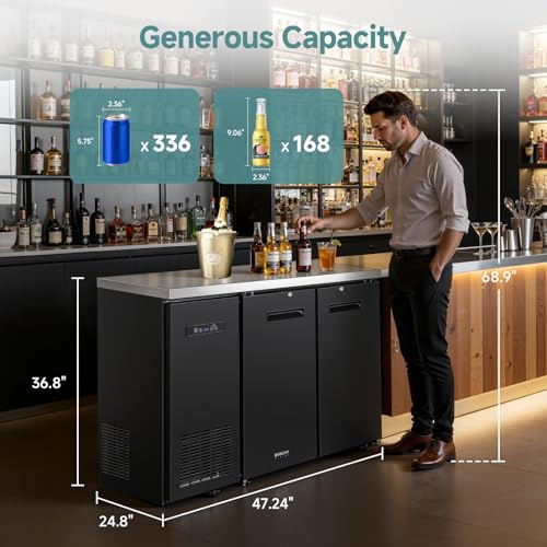 Image of BODEGA BODEGACOOLER Commercial Back Bar Cooler with 2 Solid Doors,12 Cu.Ft Commercial Counter Height Bar Refrigerator,Display Drink Beverage Beer Fridge LED Light,SUS304 Top,4 Casters,Black