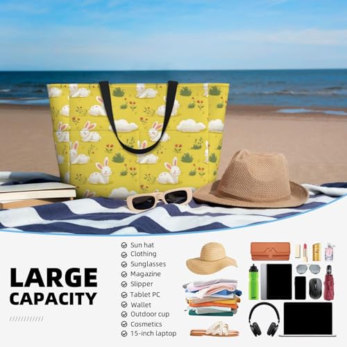 Large Beach Bags for Women Sandproof - Cute Bunny Clouds Print Summer Travel Work Tote Bags with Zipper4