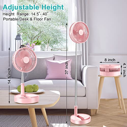 Flodaway Fan Rechargeable, Fold Away Fans Collapsible Portable Fan Pink For Traveling Foldable Compact Fan, Desk And Floor Fan 7200Mah Portable Folding Fan Battery Operated Adjustable 14.5-40" #TOP5