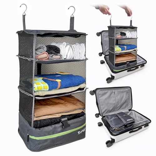 Grand Fusion Stow-N-Go Hanging Travel Shelves Packing Organizer for Luggage. Carry on Closet for Suitcase. Expandable Packing Cube. Travel Essentials. (Dark Gray - L L = (L) 11.8 x (W) 11.8)