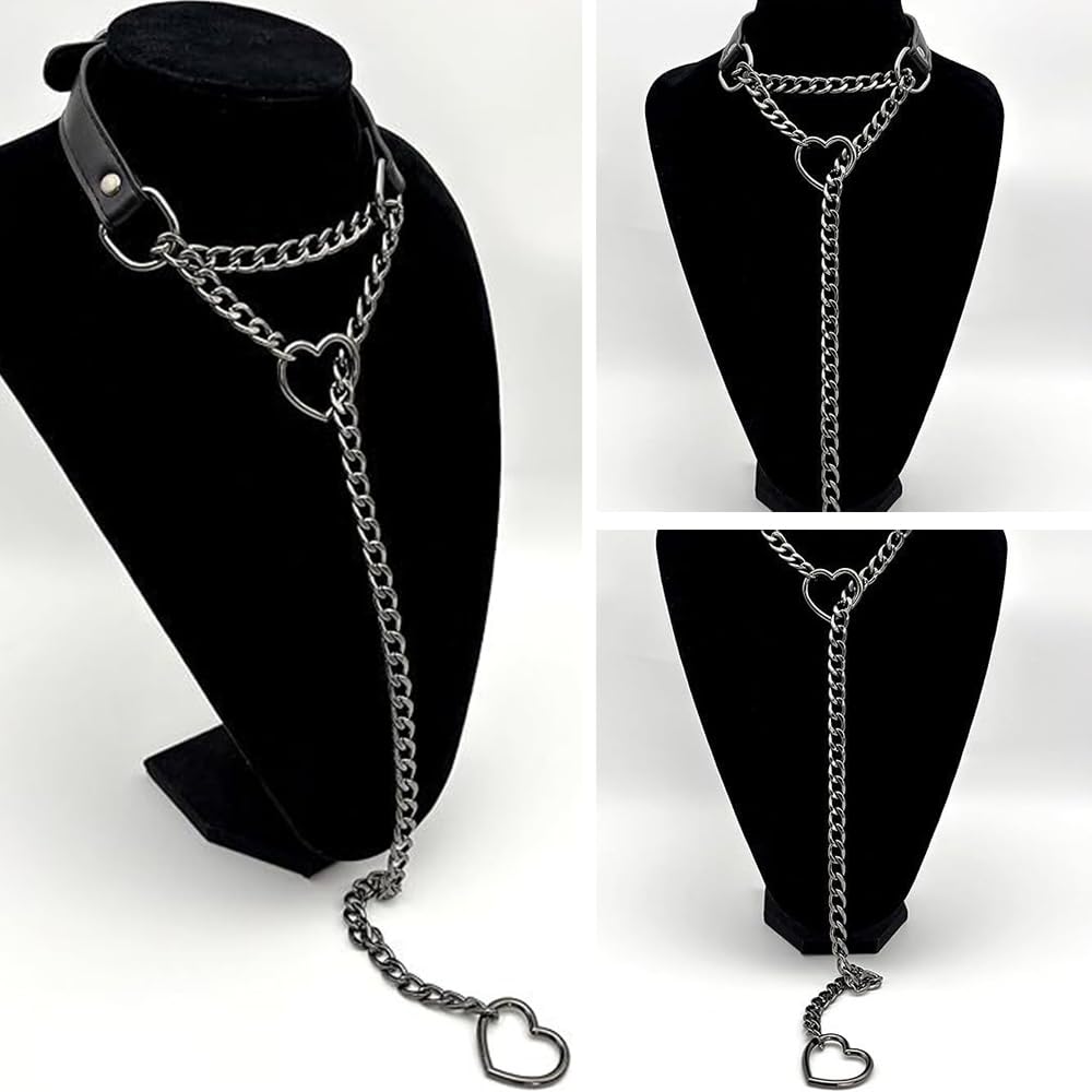 Collar con O-Ring Gargantilla en PU para Bondage Choker Slave con Cadena y Corazón Collar Ajustable para Fetichismo y SM Accesorio para Adultos