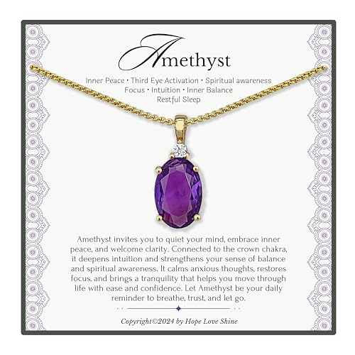 HOPE LOVE SHINE Amethyst Necklace Gift for Women - February Birthstone Jewelry - 18K Gold Plated Spiritual Pendant - Elegant Women's Jewelry Gift for Birthday, Anniversary & More (18+2-inch)