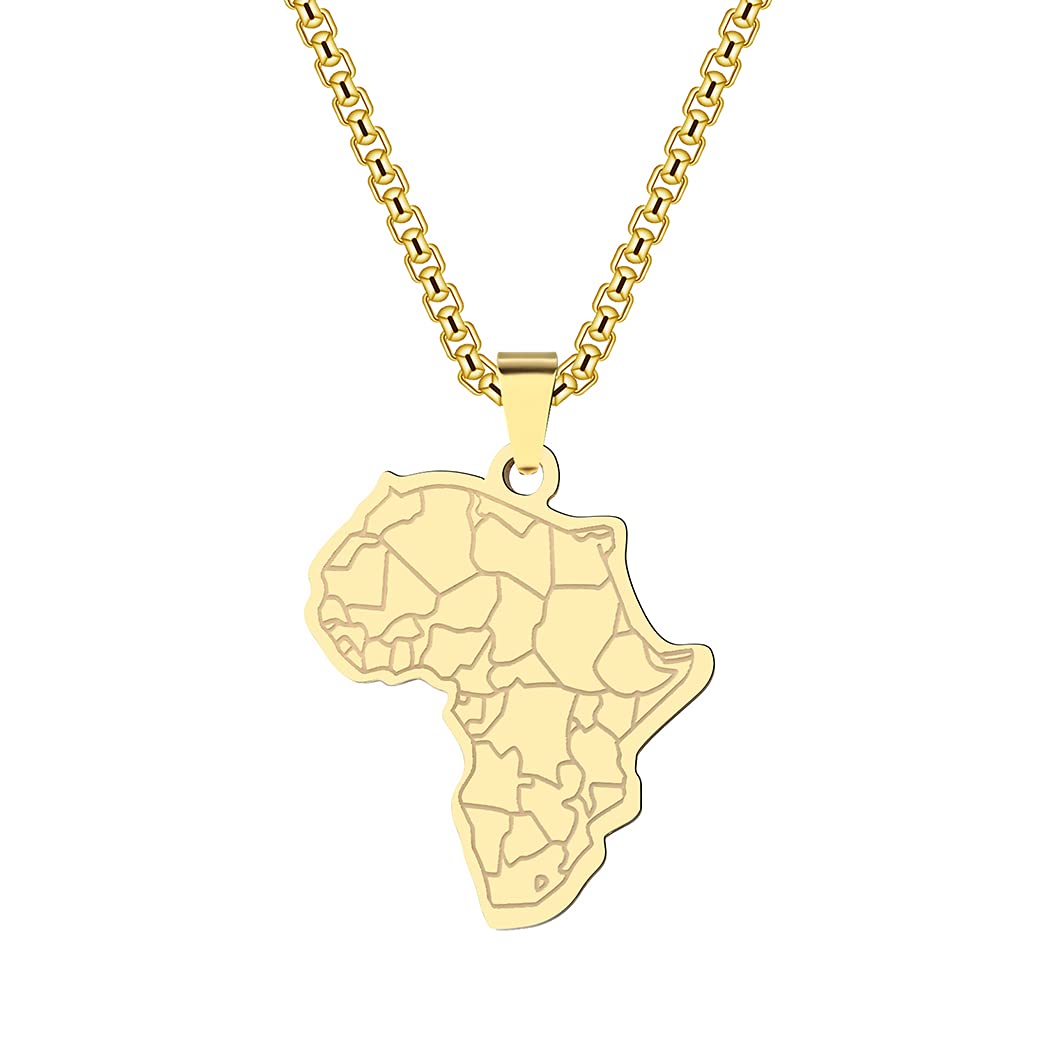 cxwindMap of Africa Necklace, Africa Map Pendant With National Boundaries Silver Gold Plated Stainless Steel African Jewellery African Outline Pendant Necklace Men Women Boys (gold)