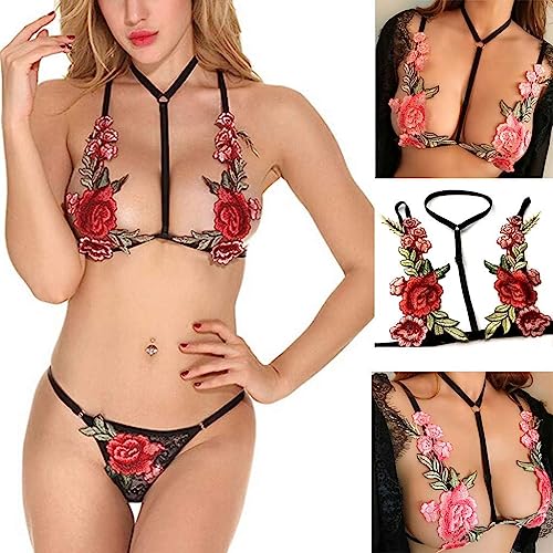 Image of Xivir Floral Embroidered Strappy Lingerie Set with Rose Applique, Black and Red, 2 Piece