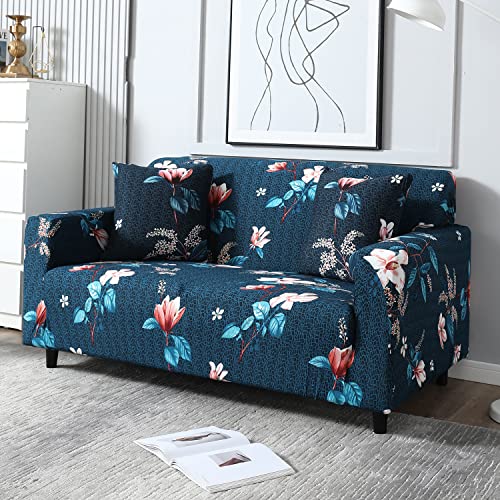 Image of HOKIPO 95% Polyester, 5% Spandex Elastic Stretchable Universal Sofa Cover 2 Seater, Blue Mixed Flowers (AR-4094-D2)