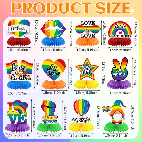 Image of 12 Pcs Pride Table Decorations Happy Pride Month Honeycomb Centerpieces for Tables, 3D Double Sided Rainbow Party Centerpiece, Love Is Love Table Decorations for Rainbow Theme Party Supplies