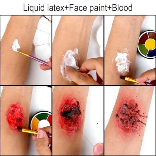 Bowitzki Halloween Makeup Kit Special Effect sfx Makeup,Liquid Latex+Scab Blood+Spray Blood+6 Colors Oil Based Face Paint+SFX bruise wheel+Skin Wax+Stipple Sponges+Latex free Sponges+Spatula+Brushes - Image 7