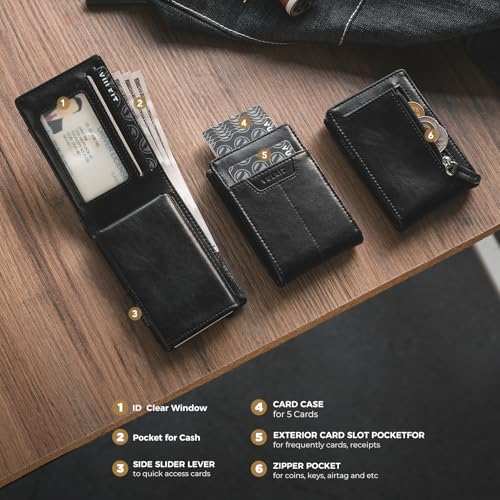 VULKIT Minimalist Wallet for Men - Pop Up Card Holder with RFID Blocking Slim Leather & Aluminum Front Pocket Wallet for Cash, Coins Black2