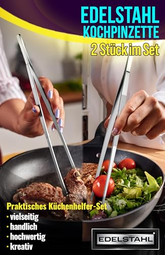 4happy Kochpinzette - 2 Stück Kochpinzette Edelstahl Set, runde Grillpinzette zum Kochen und Braten + spitze Küchenpinzette zum Dekorieren, Pinzette Küche 30 cm 2