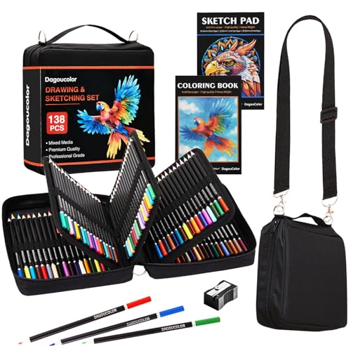 DagouColor Matita Colorate Borsa di a Spalla, 136 Matite Kit Disegno, Schizzi Set con 3-colore Sketchbook, Libro Colorare, Forniture D'arte per Artisti Principianti Professionisti Disegno Media