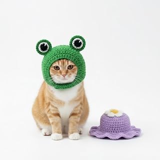 2 Pcs Frog and Purple Flowers Cat Hat Cute Knitted Cat Hat Cotton Soft for Puppy Kitten Small Animals Halloween Holiday Party Clothes Cartoon Design Knit