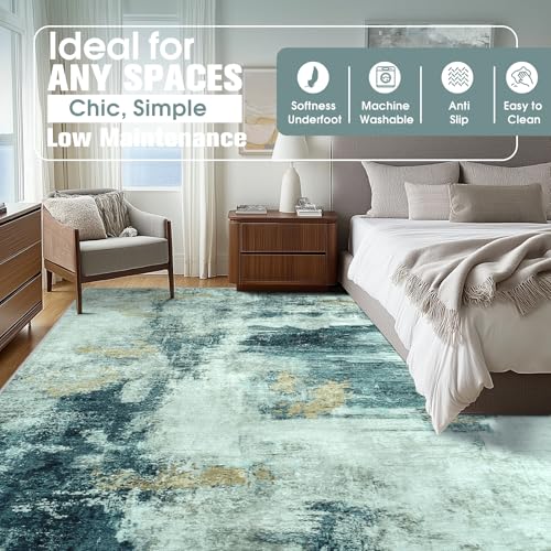 10x14 Area Rugs for Living Room Rug Washable: Abstract Large Rug Indoor Modern Carpet Non Slip for Dining Room Bedroom Nursery Home Office Teal Grey Gold