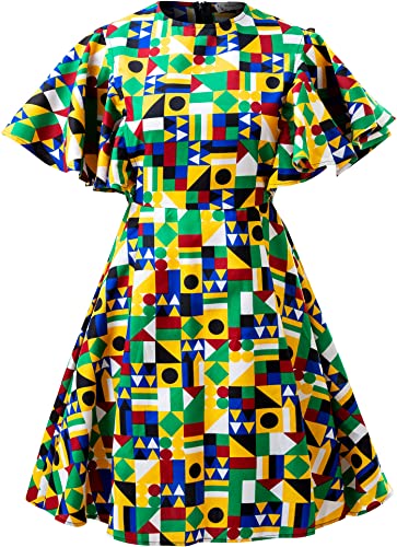 Image of Womens African Vintage Ruffle Trim Sleeve Ankara Tunic Swing Dress