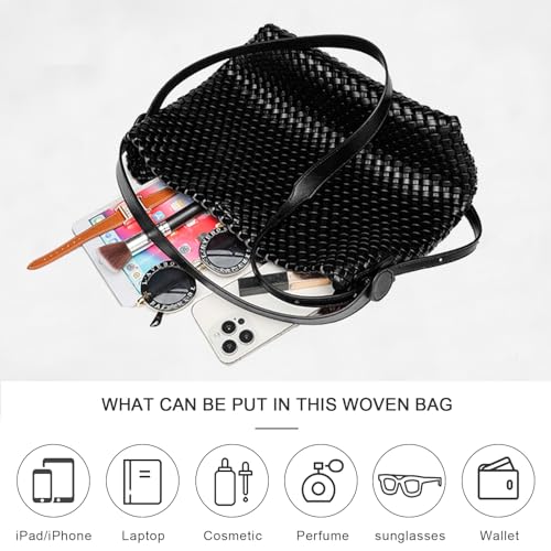 Image of Large Woven Tote Bag Vegan Leather Shoulder Bag for Women Fashion Travel Shopper Bag Top Handle Handbag and Purse