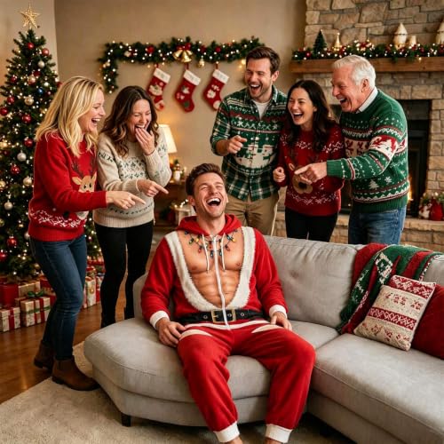 Men Ugly Christma Full Zip Hooded Onesie Novelty One Piece Pajama Set - image 2
