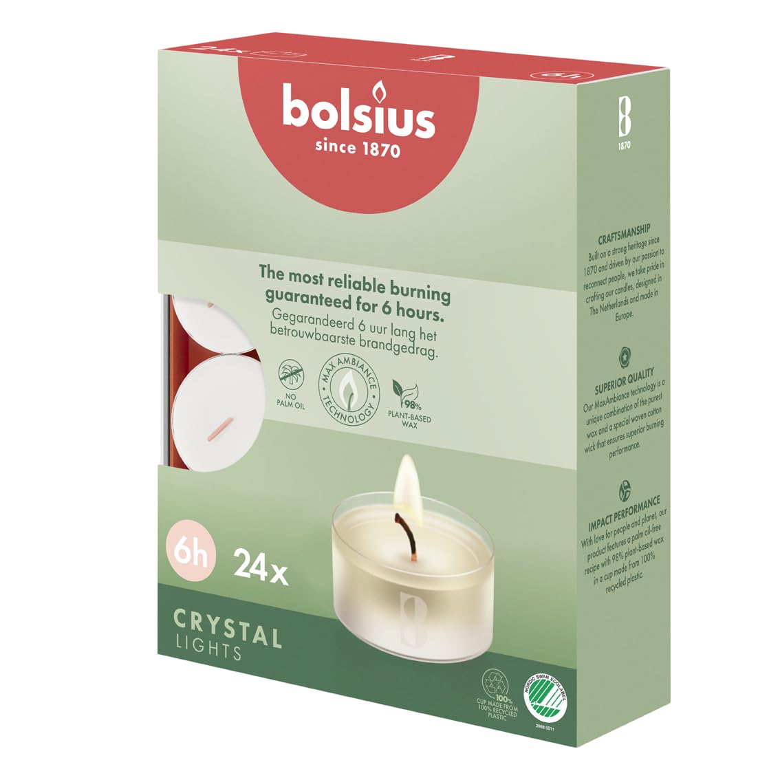 bolsius – Teelichter Clear Cup Transparente Hülle Weiß Brenndauer 6 Stunden - 24 Stück im Karton mit Pflanzliches Wachs, 6h box 24