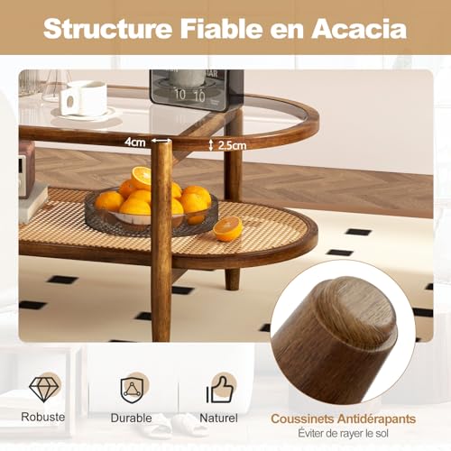 GIANTEX Table Basse en Verre et Bois de Massif, Table de Salon Ovale avec Rangement à 2 Niveaux, Plateau en Verre, Étagère en Rotin, 102 x 56 x 47 cm, pour Salon, Chambre, Appartement, Marron – Image 4