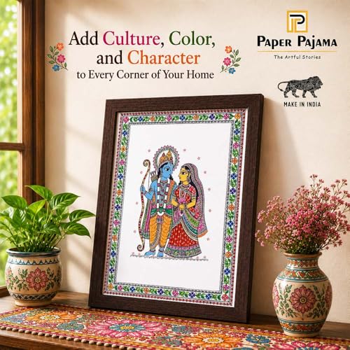 Image of PAPER PAJAMA Sita Ram Wall Art for Living Room | Madhubani Painting of Lord Rama & Goddess Sita | Traditional Indian Folk Art Framed Decor for Home, Office & Pooja Room (10x13 Inches)
