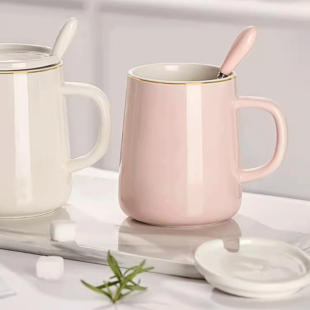 Tazza di vetro, tazza da tè, tazza da caffè in vetro, tazza in ceramica con coperchio e cucchiaio, per ragazze, casa, coppia, tazza da latte, tazza da caffè in ufficio, tazza per la colazione (A)