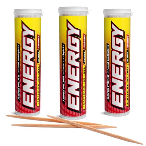 Image of Xero Picks Energy Caffeine Flavored Toothpicks B12 for Focus & B6, 60 Picks (Pack of 3) (Cherry) Sugar-Free Alternative to Energy Mints & Gum - Kosher