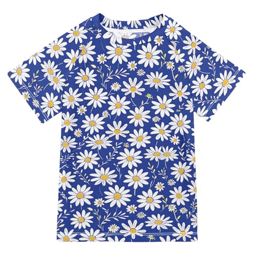 Boys Rash Guard Short Sleeve Swim Shirts for Boys Flowers Indigo Sun Protection 7-8T
