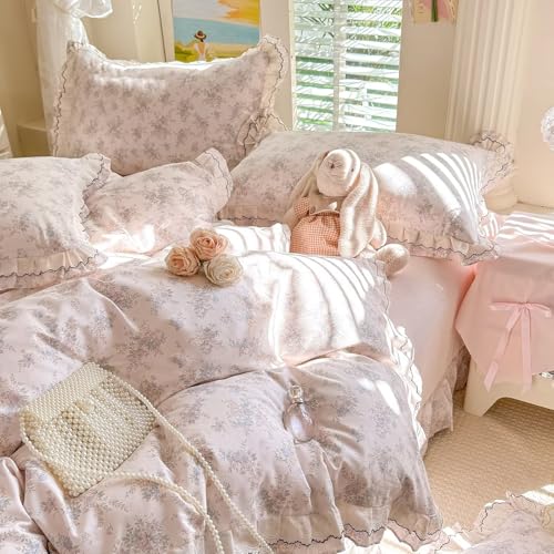 AMZTOP Ruffled Floral Duvet Cover King Size Set 3 Pcs,104"×90" Bedding