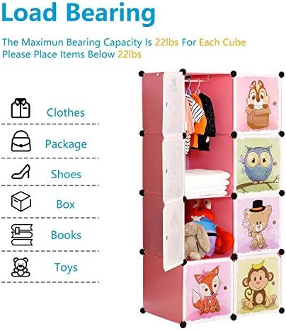 BRIAN & DANY Cartoon Clothes Closet Wardrobe DIY Modular Storage Organizer, Sturdy and Safe for Children, 6 Cubes & 1 Hanging Sections, Pink, 75 x 47 x 147 cm