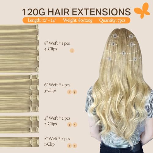 Image of DOORES Human Hair Extensions Clip in Balayage Light Blonde Highlighted Golden Blonde 18 Inch 120g 7pcs Clip in Hair Extensions Natural Straight Hair Extensions