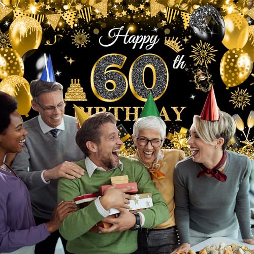 Image of Avezano Happy 60th Birthday Banner for Men Black and Gold Glitter Balloon 60 Birthday Party Backdrop 60 Year Old Bday Photo Backdrop Party Supplies 70.8 x 43.3 Inch