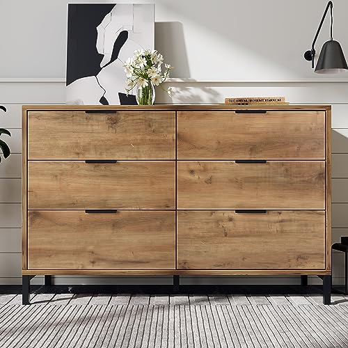 SogesHome Dark Oak Sideboard Cabinet with 6 Drawers, Rustic Chest of Drawers with Adjustable Feet, Industrial Storage Unit for Living Room, Bedroom, 120W x 40D x 76H cm