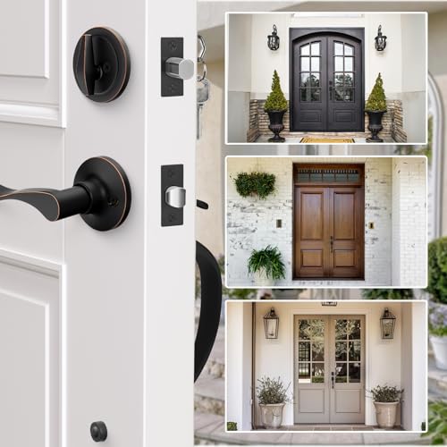 Image of Haidms Oil-Rubbed Bronze Front Door Handle and Deadbolt Set, Front Door Lock Set, Entry Door Locksets with Deadbolt Single Cylinder, Exterior Door Handle with Reversible Handle Lever