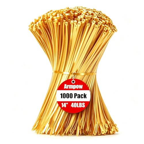 Image of Armpow 14 Inch Zip Ties Gold 1000 PCS, 40 Lbs- Heavy Duty Tensile Strength, Nylon PA66 UV Resistant Cable Ties for Indoor and Outdoor Use - Ideal for object bundling and fastening