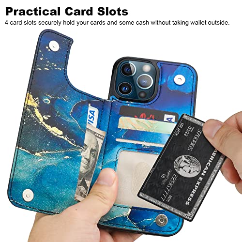 Image of HAOPINSH iPhone 13 Pro Max Wallet Case, Blue Marble PU Leather, Card Holder, Kickstand, Double Magnetic Clasp, Shockproof 6.7