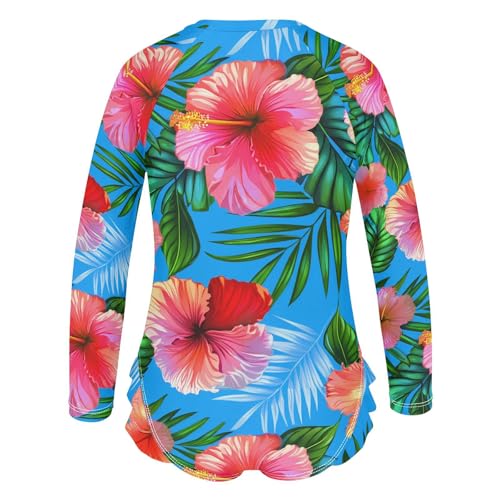 J JOYSAY Hibiscus Palm Leaves Girls One Piece Swimsuits Long Sleeve UPF 50+ Rash Guard Kids Swimwear 3-12 Years3